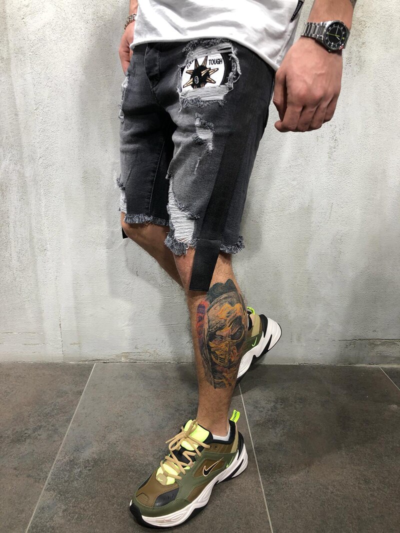 European size loose summer hole denim shorts Embroidered men's Jeans Shorts Hip-hop slim shorts Blue light blue S-3XL