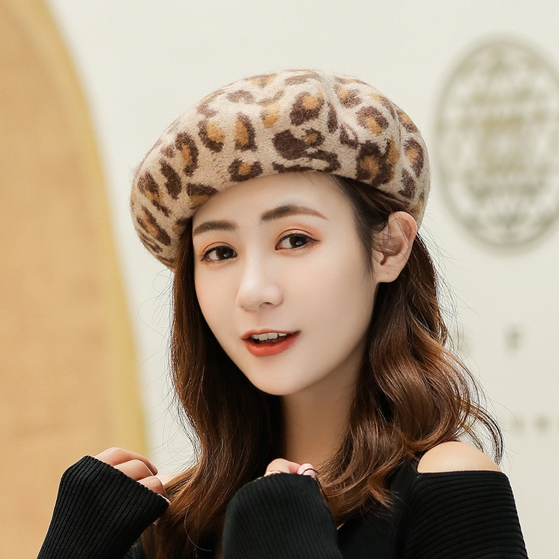 Caluriri Leopard Pattern Warm Wool Winter Thick Wool Women Girl Beret French Artist Beanie Hat Cap For Female