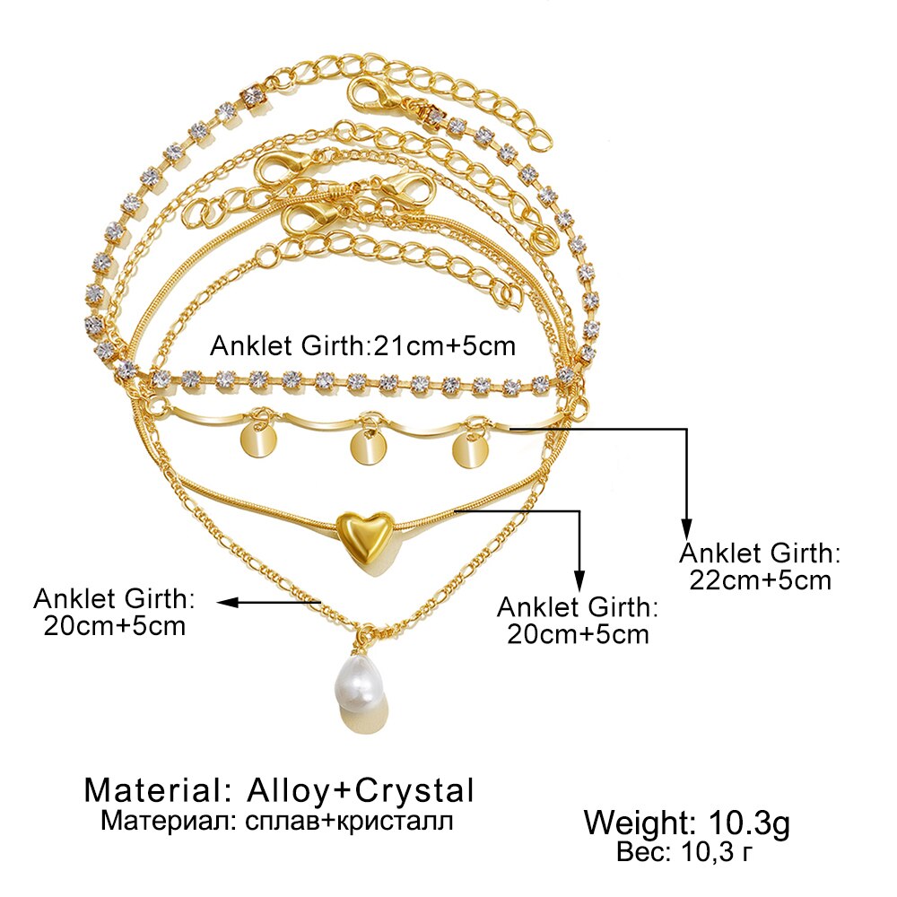 EN – Bracelet de cheville rétro pour femmes, ensemble de 4 pièces, goutte d'eau, perle, cœur, paillettes, style bohème, bijoux de plage, à la