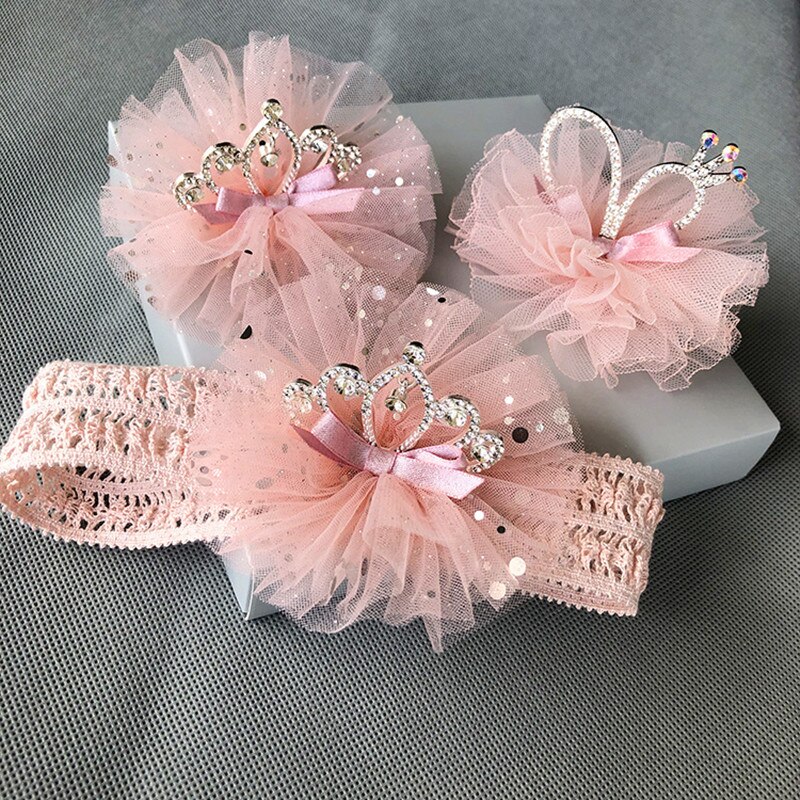 Infant Child Hair Band Three-dimensional Alloy Rhinestone Crown Headdress Baby Girl Mesh Elastic Headband