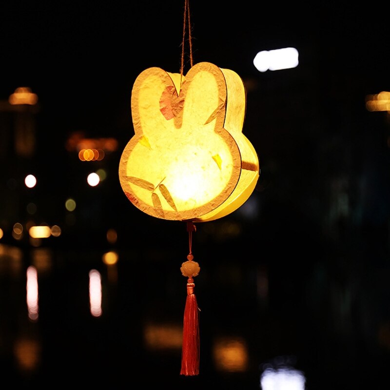 Mid-Autumn Festival DIY Handmade Wooden Lantern Material Package with LED Light Cute Rabbit Shape Hanging Lamp Decor