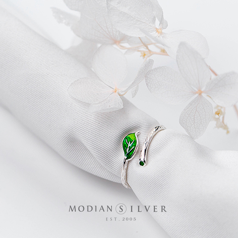 Modian Groen Emaille Bladeren Tak Ring Voor Vrouwen Echt 925 Sterling Zilveren Plant Gratis Grootte Ring Fijne Sieraden