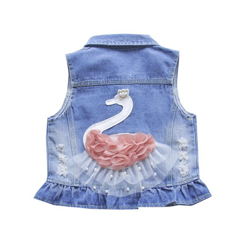 Chaleco de algodón con encaje para niñas, ropa vaquera con volantes rasgados y estampado de cisne de dibujos animados, para niños de 2 a 8 años, primavera y otoño: 5