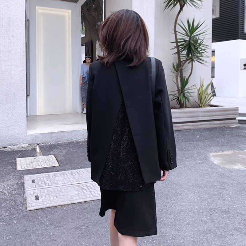 [eam] kvinder ryg ryg vent pailletter split blazer revers lange ærmer loose fit jakke tide forår efterår 1 z 367