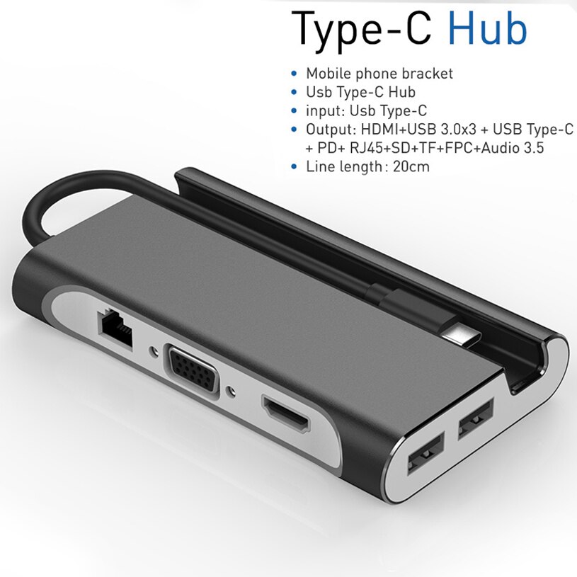 USB Type C to HDMI VGA RJ45 PD USB 3.0 Type-c Docking Station USB-C HUB Adapter for Mac Air Pro Huawei Mate10 Samsung S8