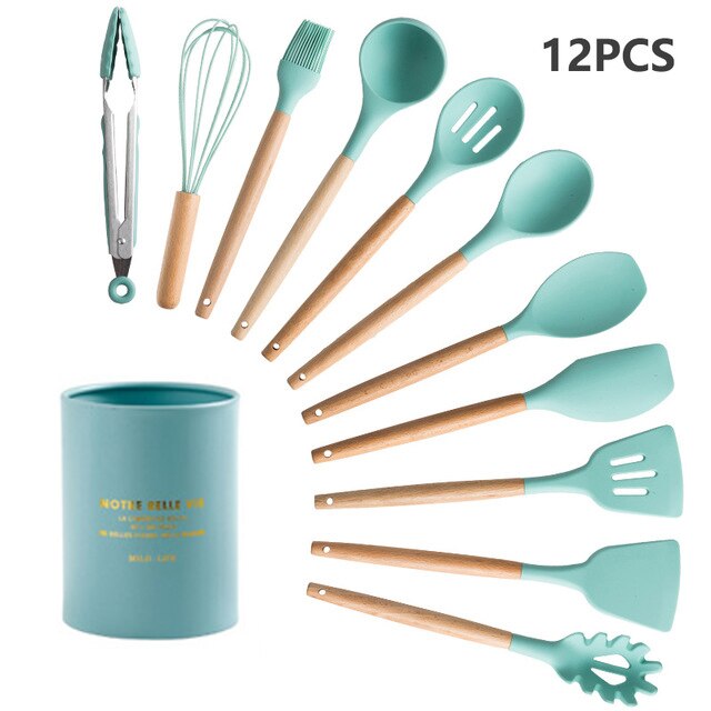 12 pièces/ensemble Silicone ustensiles de cuisine cuisson antiadhésive spatule pelle pinces soupe louche manche en bois inox boîte de rangement: Green
