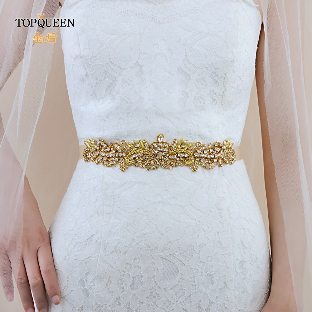 Topqueen  s375- g gull rhinestone midjebelte kvinner beaded bryllup belter india blonder brude sash belte gull belte for formell kjole