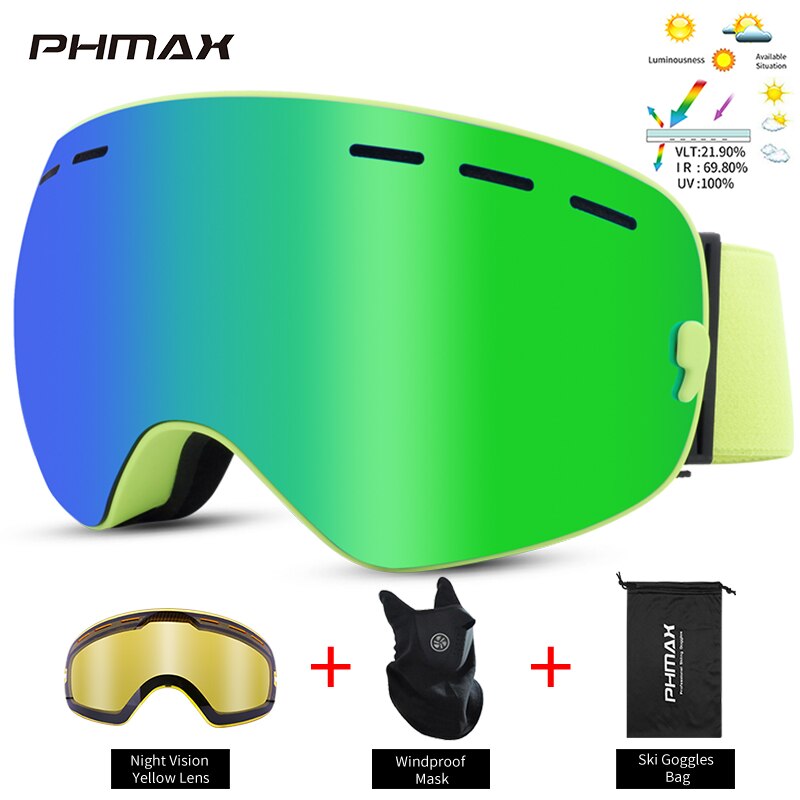 Phmax-óculos de esqui, unissex, máscara de neve, óculos de inverno, ski, com lentes amarelas, anti-neblina, snowboard: XJ-0106-SJ