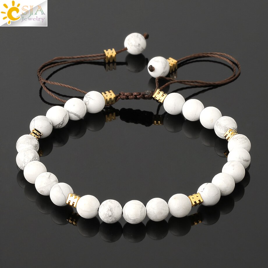 Csja 6Mm Natuursteen Strand Armbanden Paars Crystal Lapis Quartz Bead Gevlochten Touw Verstelbare Vrouwen Mannen Mode Armband G544: Howlite