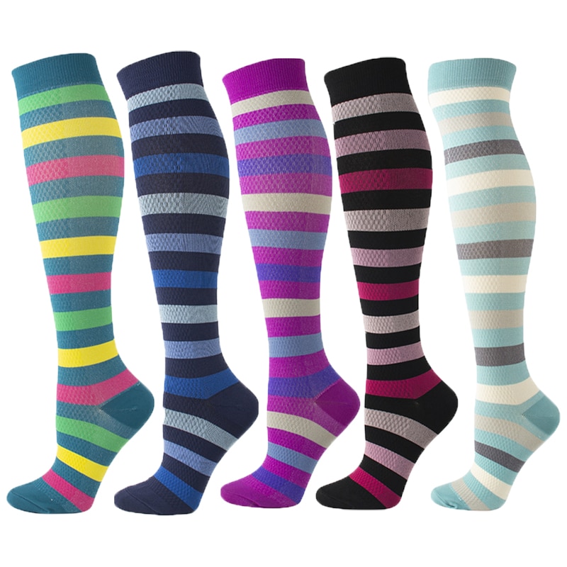 Stock de compresión para hombre y mujer de Mulaya, soporte para piernas, varices elásticas, rodilleras, dibujos a rayas, deporte de alta elasticidad