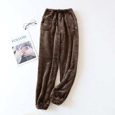 Winter Sleeping Trousers Flannel Fleece Warm Sleep Bottoms Solid Color Pants Casual Lounge Pants With Pockets: Coffee / XL