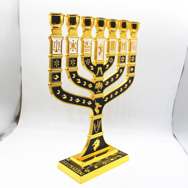 Menorah Dorée 7 Branches 12 Tribus D'Israël - Menora Bleue Émaillée 11,9 Cm Jérusalem Terre Sainte