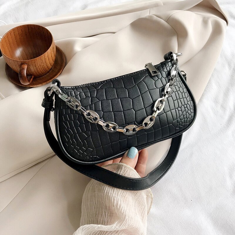 Alligator mønster kvinder messenger håndtasker sac pu læder street afslappet solid lynlås skuldertasker: Sort
