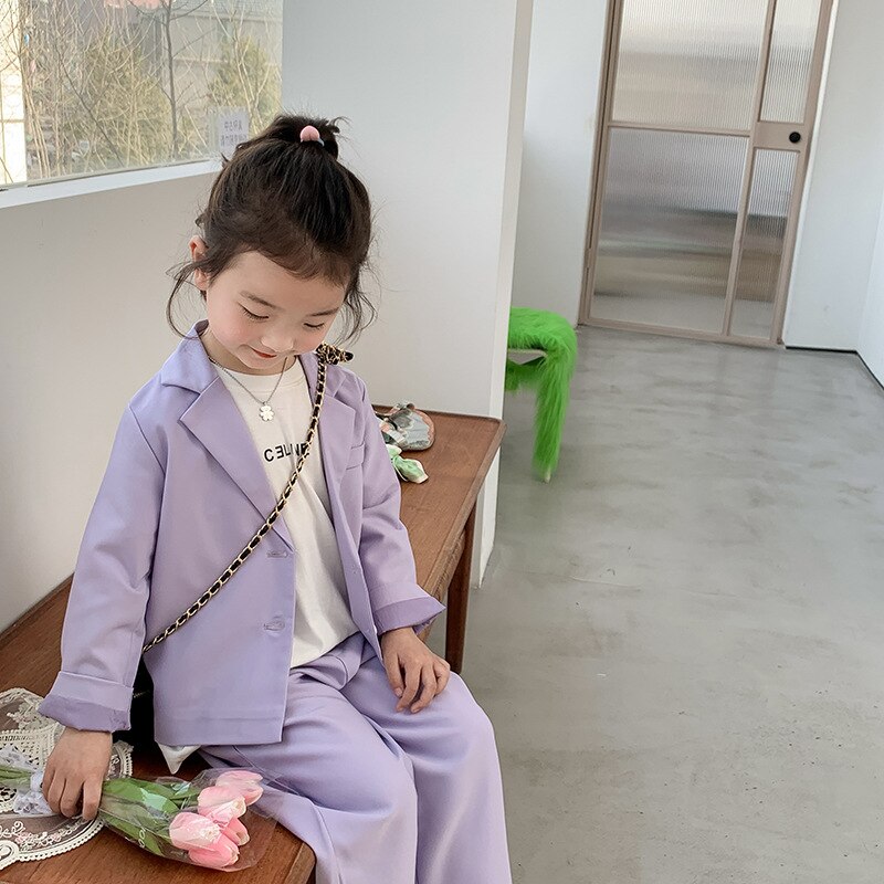 Lente Kinderen Casual Pak Outfits Mode Effen Kleur Pak Jas En Wijde Pijpen Broek 2 Stuks Meisjes Kleding Sets