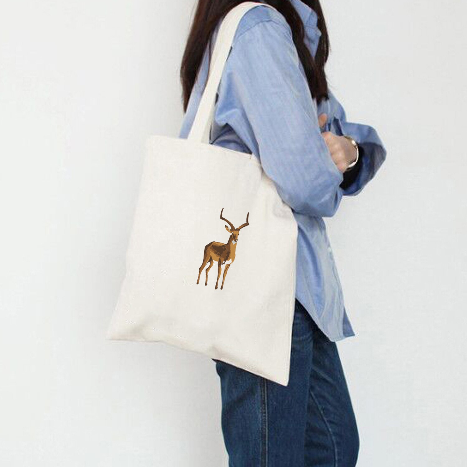 Herten Print Schilderen Boodschappentassen Canvas Opbergzakken Vrouwen Handtas Herbruikbare Vouwen Kruidenier Eco Tassen Literaire