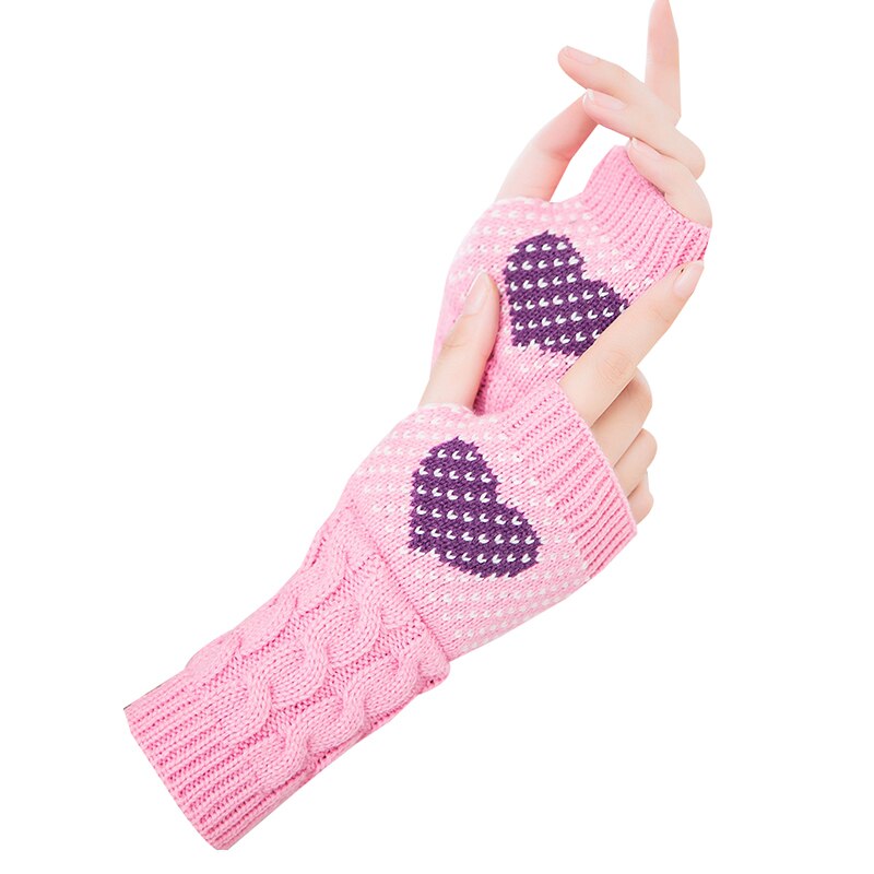 1 Pair Winter Heart Printing Half-finger Gloves Women Stylish Thick Warm Knitted Arm Wrist Warmer Fingerless Cute Gloves