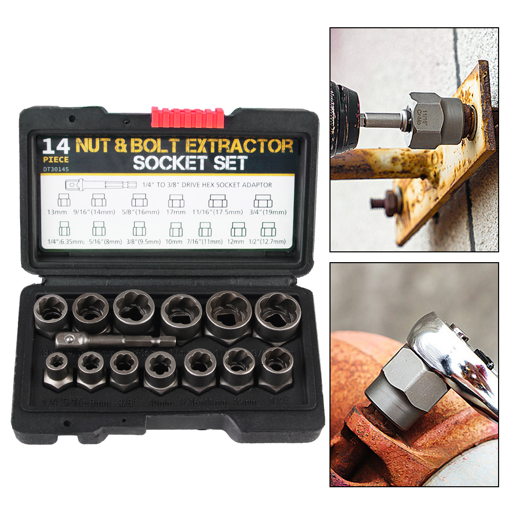 Bolt Nut Remover Socket Set Damaged Screw Extractor 14pcs Cr-Mo Steel Hand Tools 6.35mm-19mm Car Tool Kit