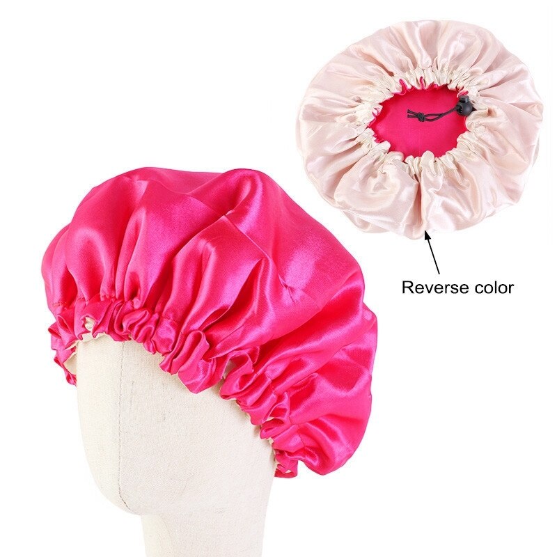 Adjustable Baby Hair Caps Silky Satin Bonnet Double Layer Sleep Cap Night Turban Children Solid Headwear Cute Hat Hair Wear: Rose Red