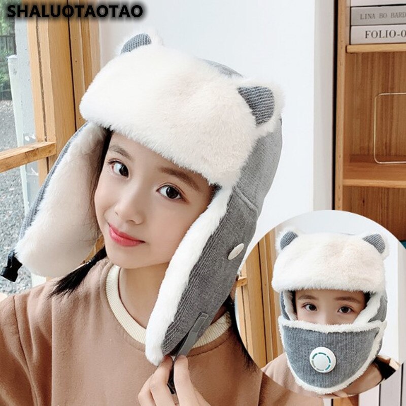 Plus Fleece Bomber Cap Child Winter Keep Warm Girl Cute Cartoon Boy Windproof Ear Protection Face Mask Gorra