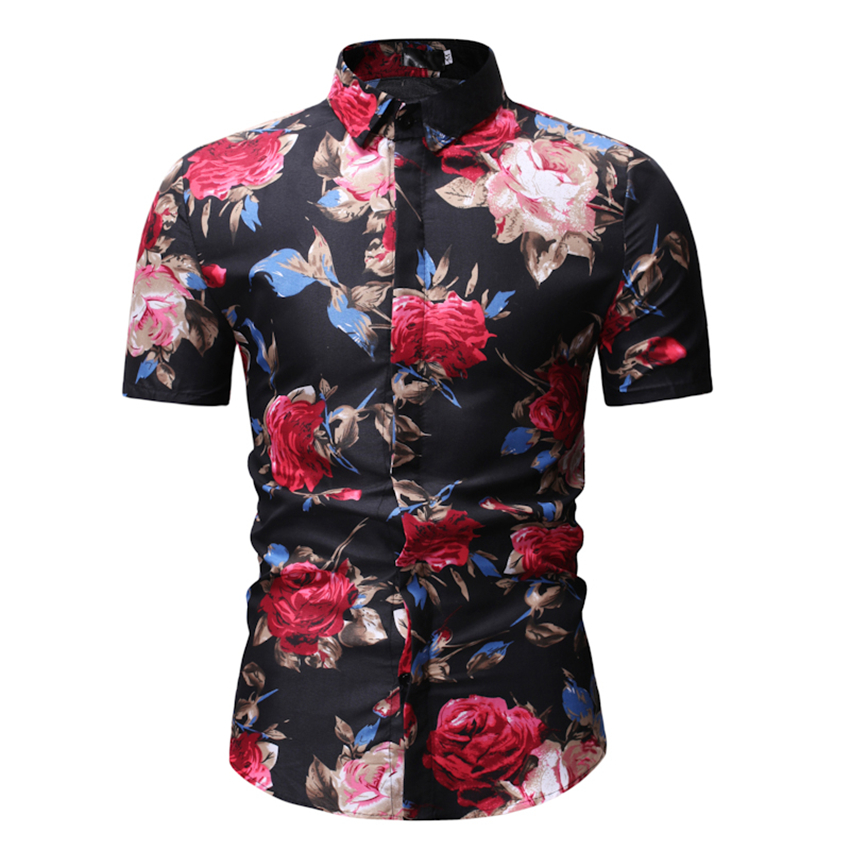 Blomster herre skjorter kortermet bluse uformelt strandskjorte sommer skrive ut skjorter menn hawaiiansk skjorte herre sommerskjorte svart