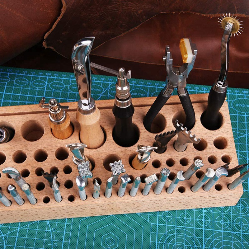 Wooden Leather Tool Holder,68 Holes Leather Tool Rack,Leather Tools Storage Box for Leather Working Making Punch Tools
