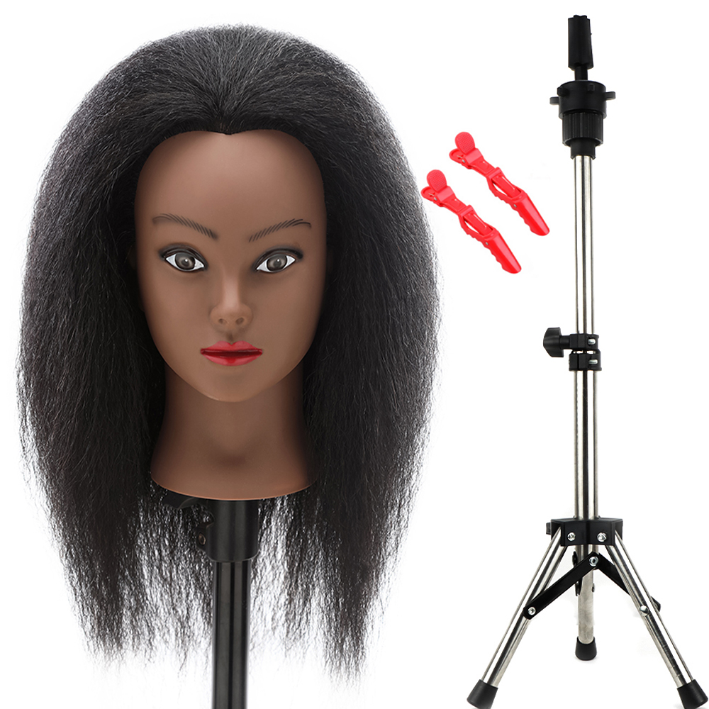 African Mannequin Head Real Hair Hairdresser Training Head With Tripod Manikin Cosmetology Doll Head For Braiding Styling: light green
