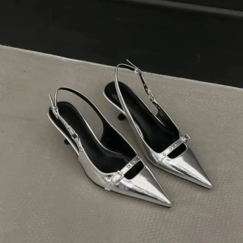 Slingback sandaler kvinder mellemhøje hæle pumps nittesko spidse snude dame mules kjoler denimsandaler