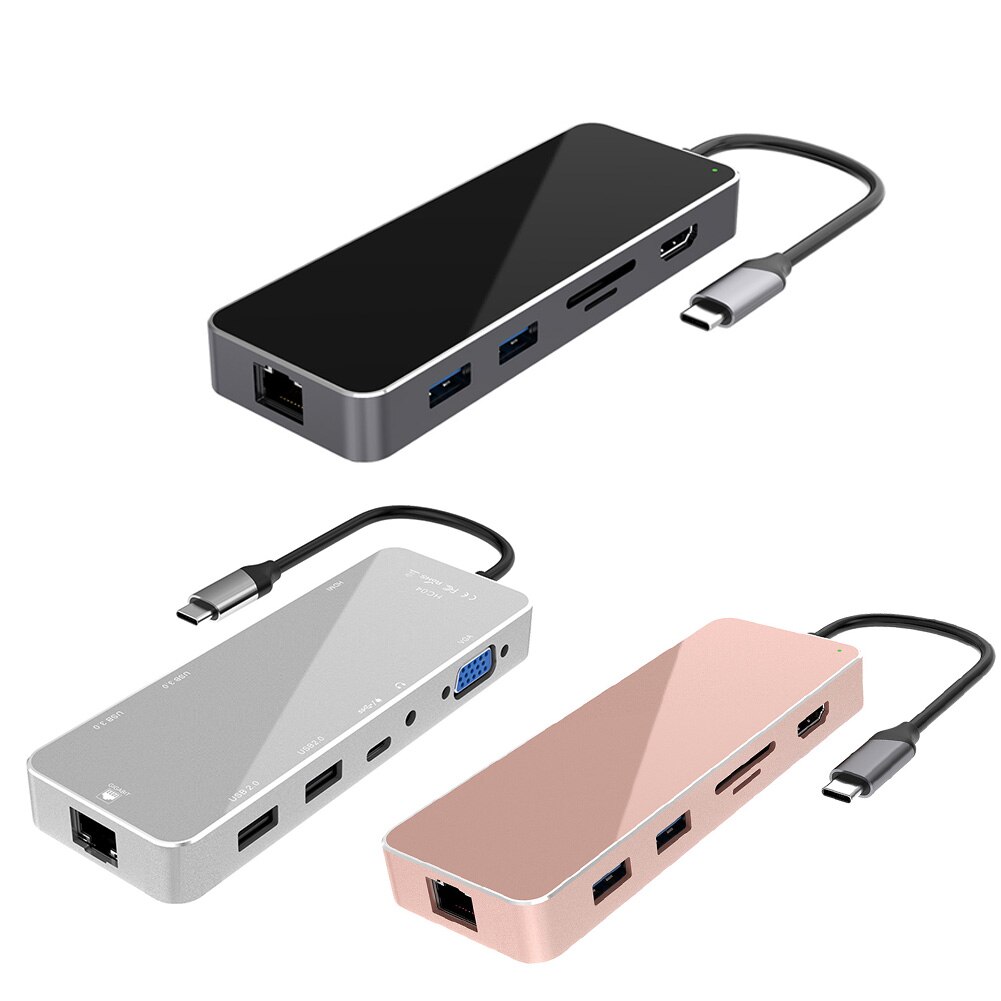 11 i 1 bærbare dokkingstasjoner hub usb type-c til usb 3.0/2.0 tf hdmi vga  rj45 mini pd dokkingstasjon bærbar tilbehør