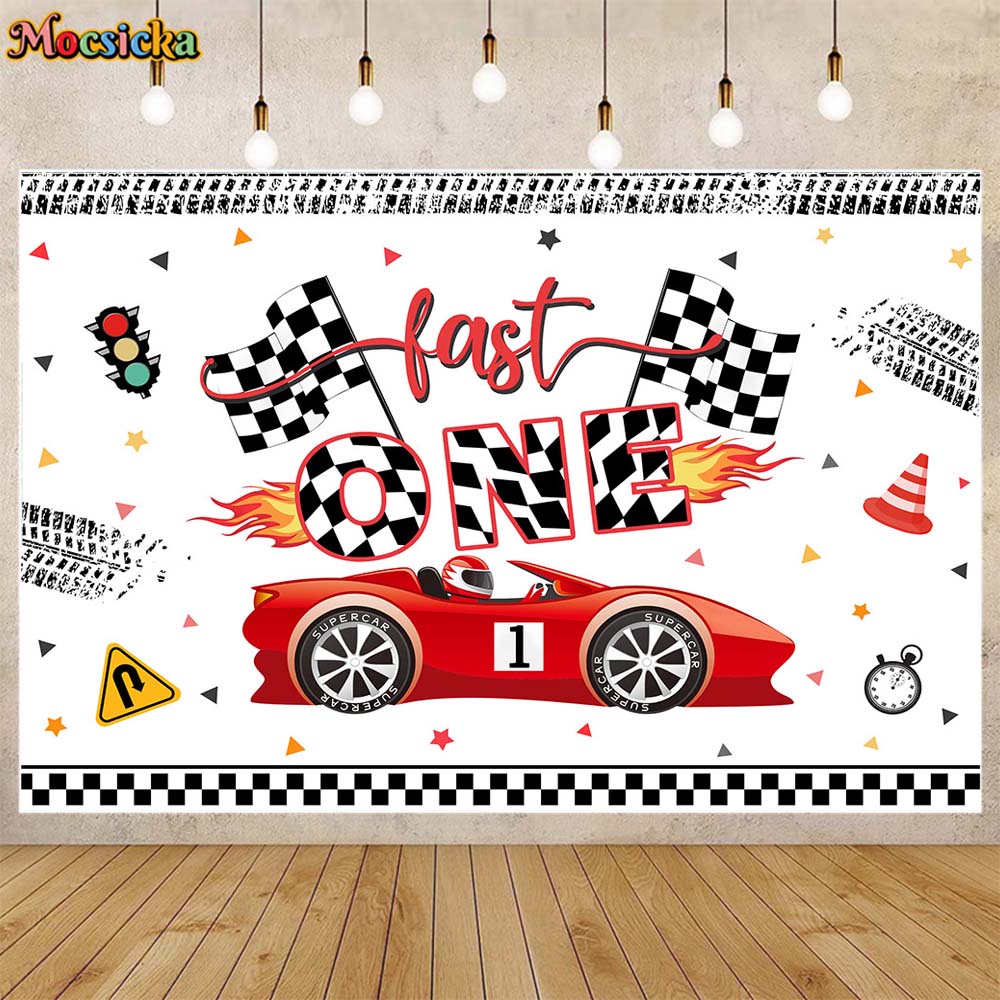 Mocsicka DUE VELOCE Felice 2° Compleanno Sfondo fotografico Rosso Auto da corsa Ragazzo Compleanno Festa Decor Sfondo fotografico Banner personalizzato