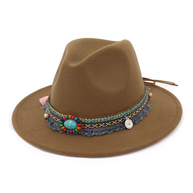 Women Jazz Caps Hats Bohemia Style Woolen Hats for Spring Summer Beach MC889: Khaki