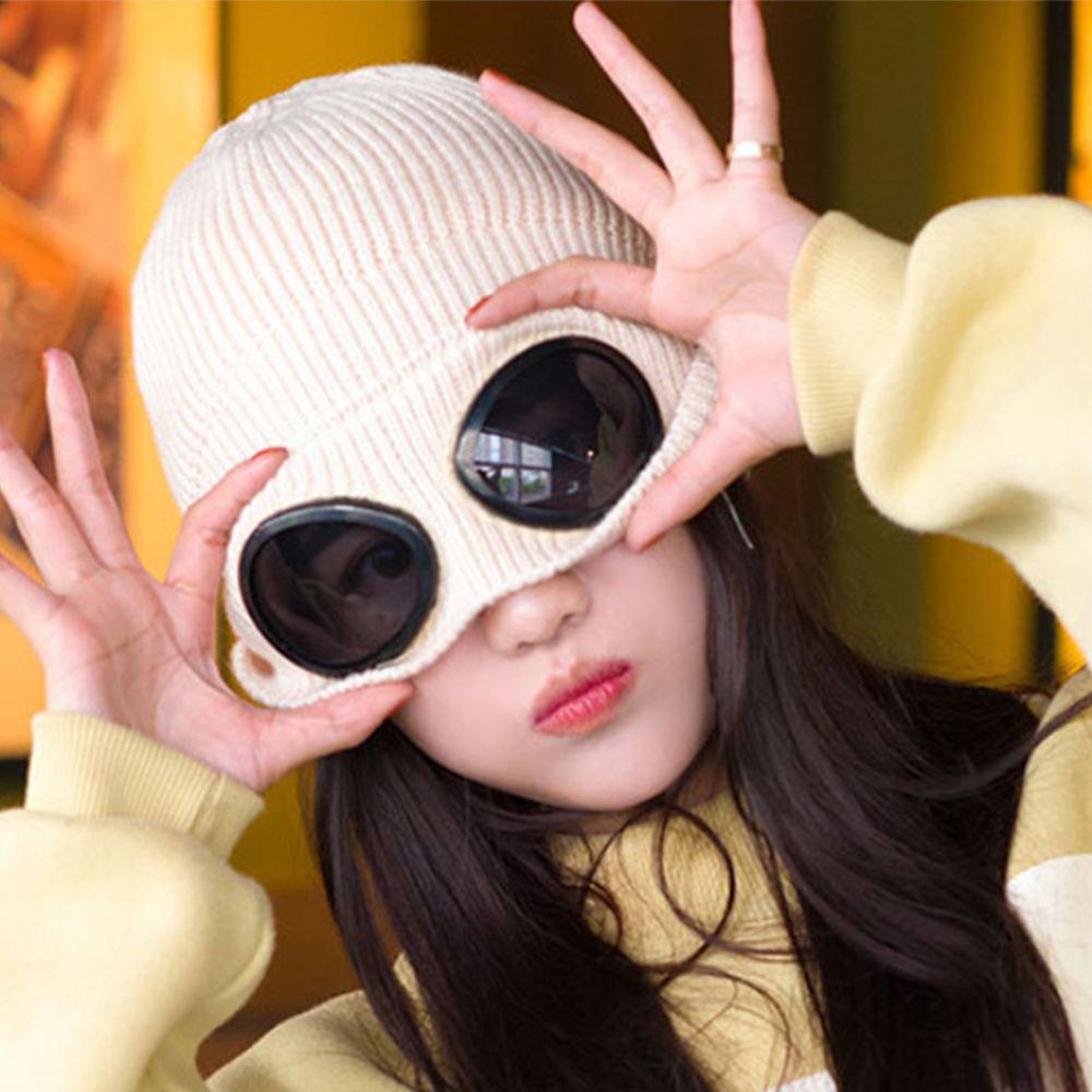 1PC Bunte Winter warm Mütze mit Brille draussen-Sport Gestrickte Kappe Einfarbig Zubehör