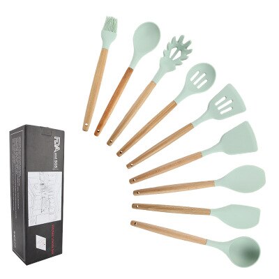 11 st silikon köksredskap set, rosa massivt trä handtag med förvaringslåda, köksutrustning kit köksredskap tillbehör: 9pc blå a