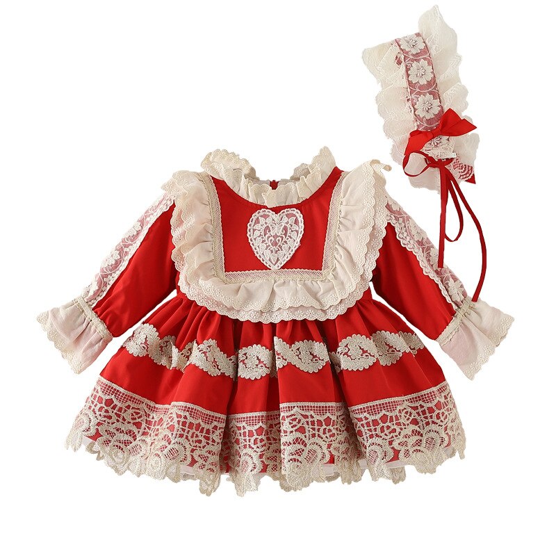 2 st småbarn flicka lolita prinsessa klänningar barn röd spanska frock höst baby flickor jul klä upp spädbarn spanien vestidos: 2t