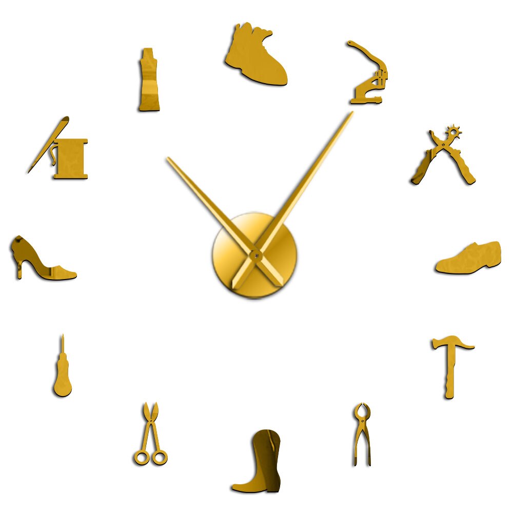 Shoe Repair Wall Art DIY Giant Wall Clock Cobbler Frameless Large Silent Watch Shoe Store Shoe Archer Shoemaker Room Decor: Gold / 37 Inch