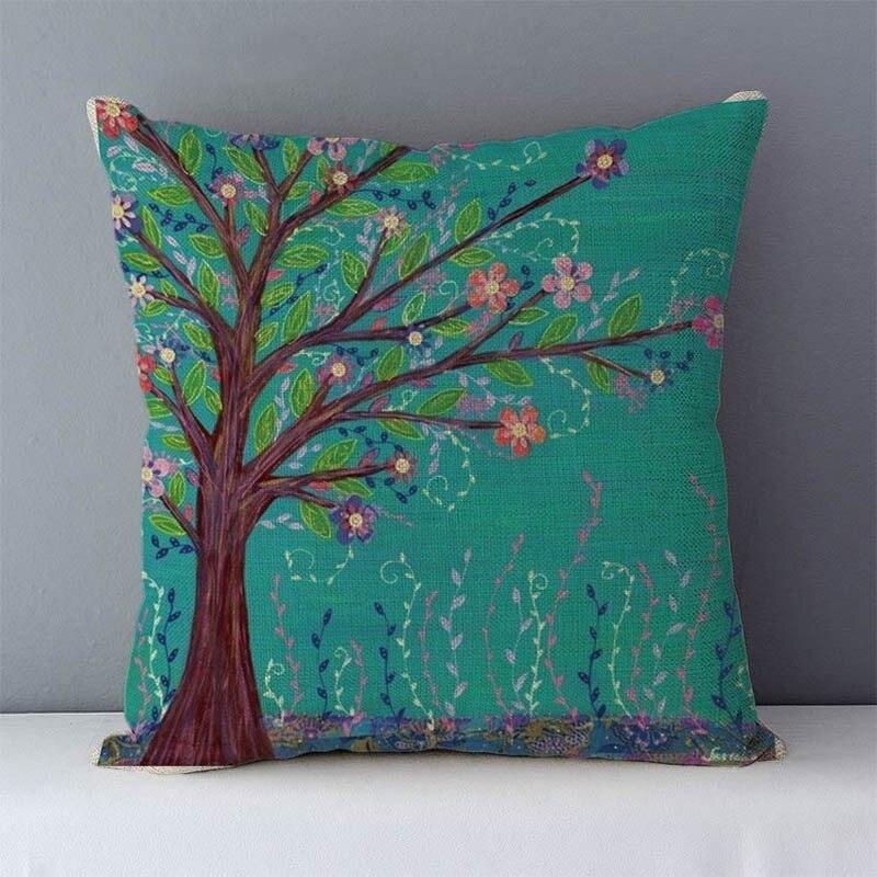 Värilliset puut kukkaprintti pastoraalinen sohva selkänojan tyyny kodin koristetyynyt suosittuja kasveja tyynyliina 45 x 45cm tyynyä: G1 6