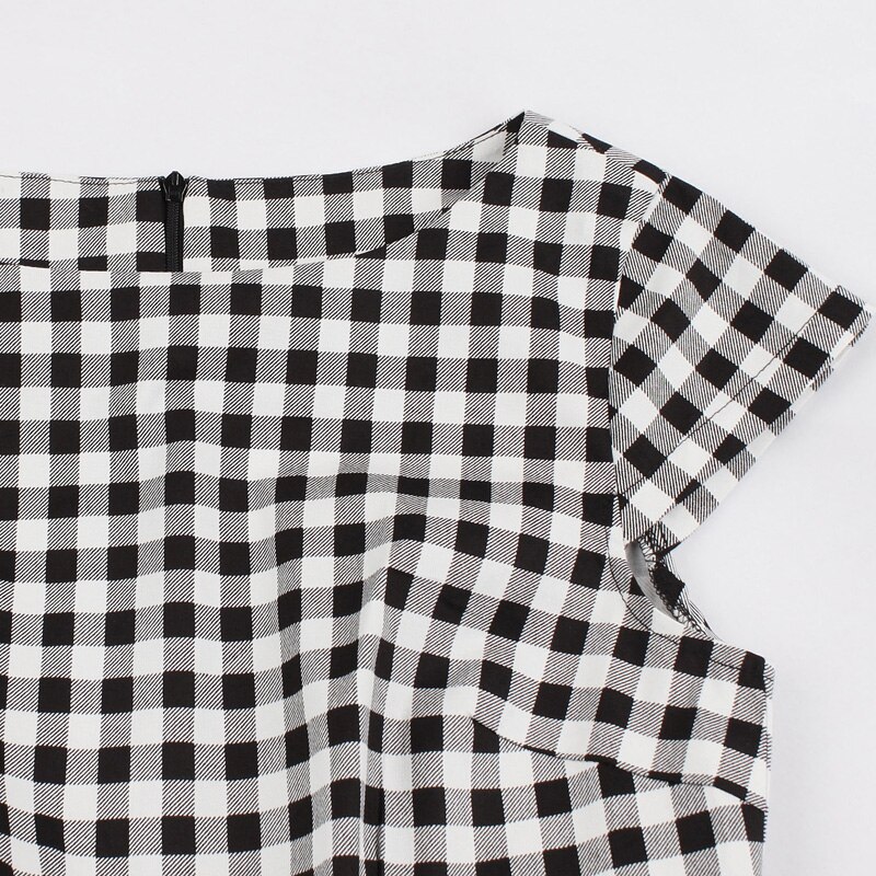 Tonval Retro Rockabilly Plaid Tunic Dress Women Cap Sleeve 50S Vintage Gingham Dress Summer Belted Cotton Dresses