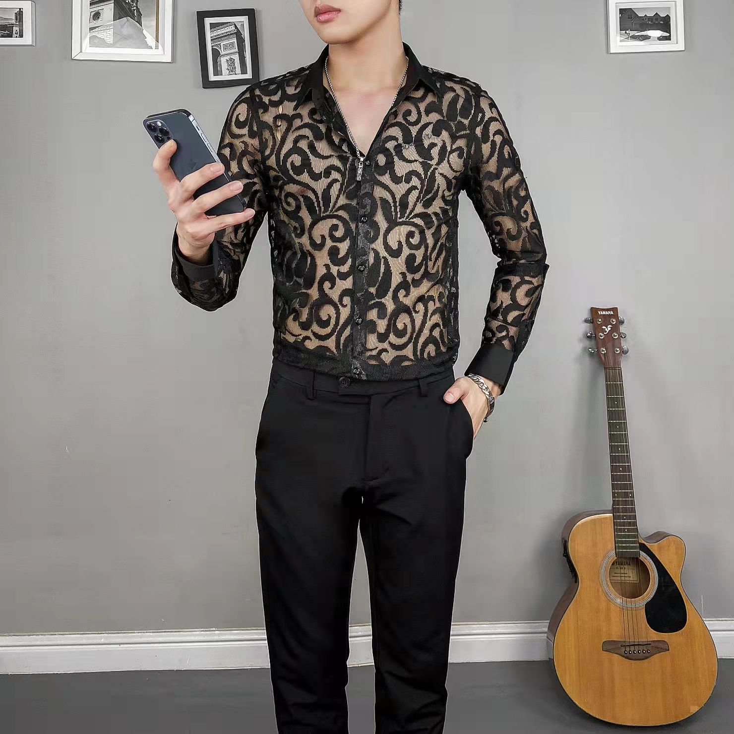 Clear Transparent Men Shirt Black White Long Sleeve Lace Mesh Wear Chic Stylish Male Summer Top Clothing: black / L