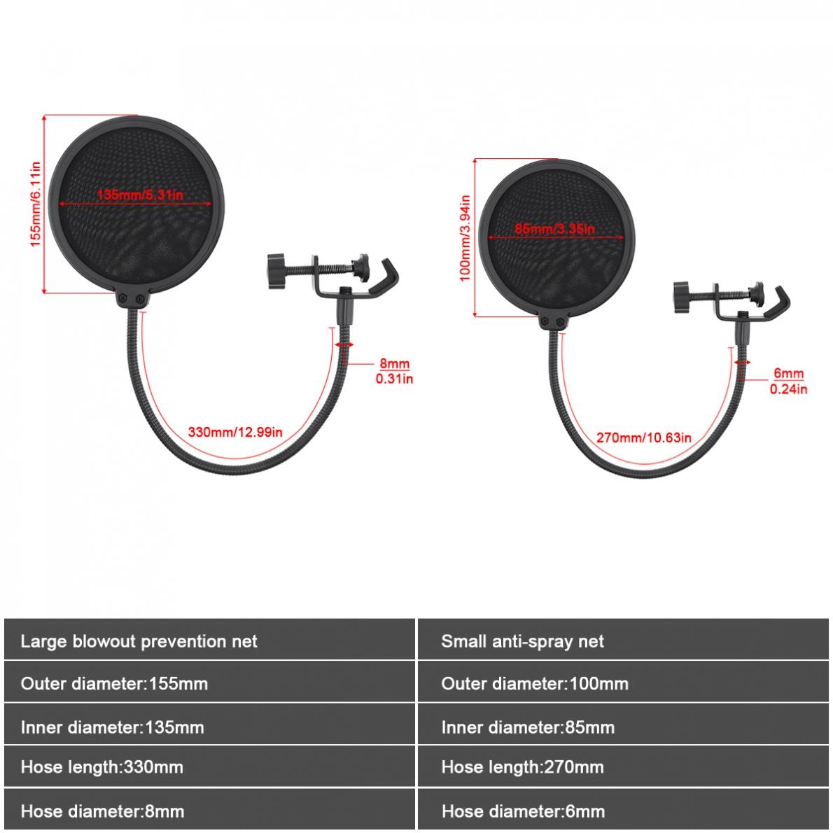 Dobbeltlags studiemikrofon fleksibel forrudemaske mic popfilterskjold 100/155mm til taleoptagelsestilbehør