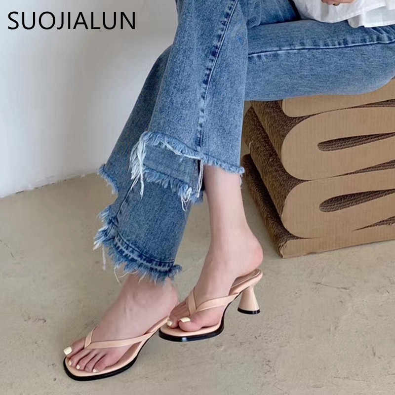 Suojialun sommar kvinnor smalband flip flop högklackat tofflor kvinnliga peep toe sandaler för klänning skor tofflor