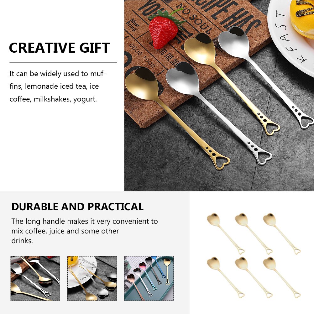 6pcs Heart Shaped Spoons Stainless Steel Spoons for Cake Tea Sugar Ice Cream Fruit