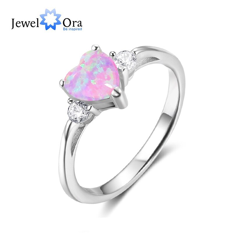 Romantische 925 Sterling Zilveren Hart Ring Gemaakt Roze Blauw Wit Fire Opal & Cz Trouwringen Voor Vrouwen (Jewelora RI103690): 8 / Roze
