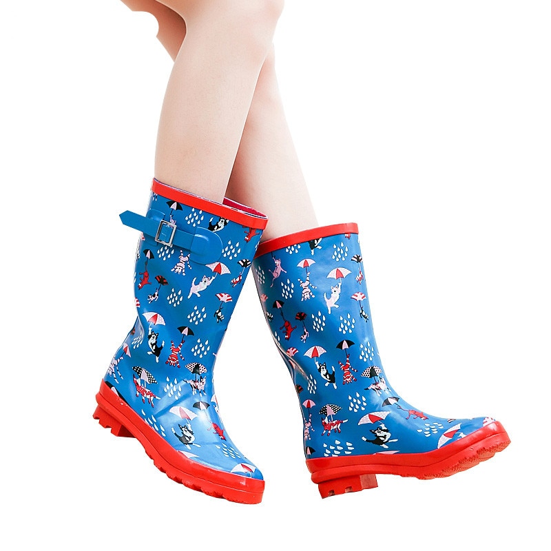 Swyivy regnstøvler kvinde gummisko efterår vinter kvindelig blomst vandtætte regnstøvler behagelige mellemhøje regnstøvler