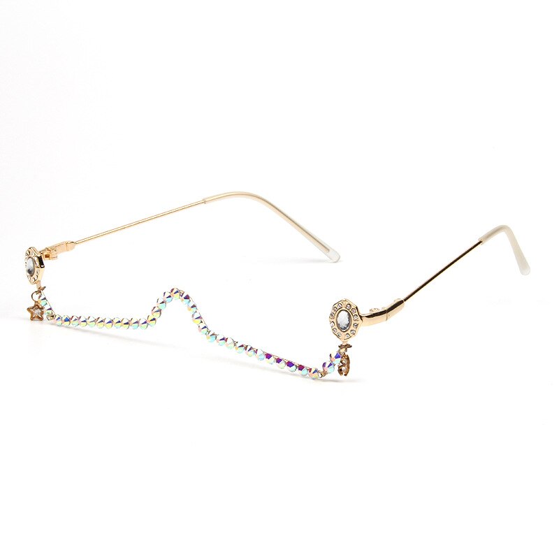 47163 Water Pendant Half Frame Rhinestone Glasses Frame Women Diamond Chain Ladies Shades Lensless Handmade Eyewear: white