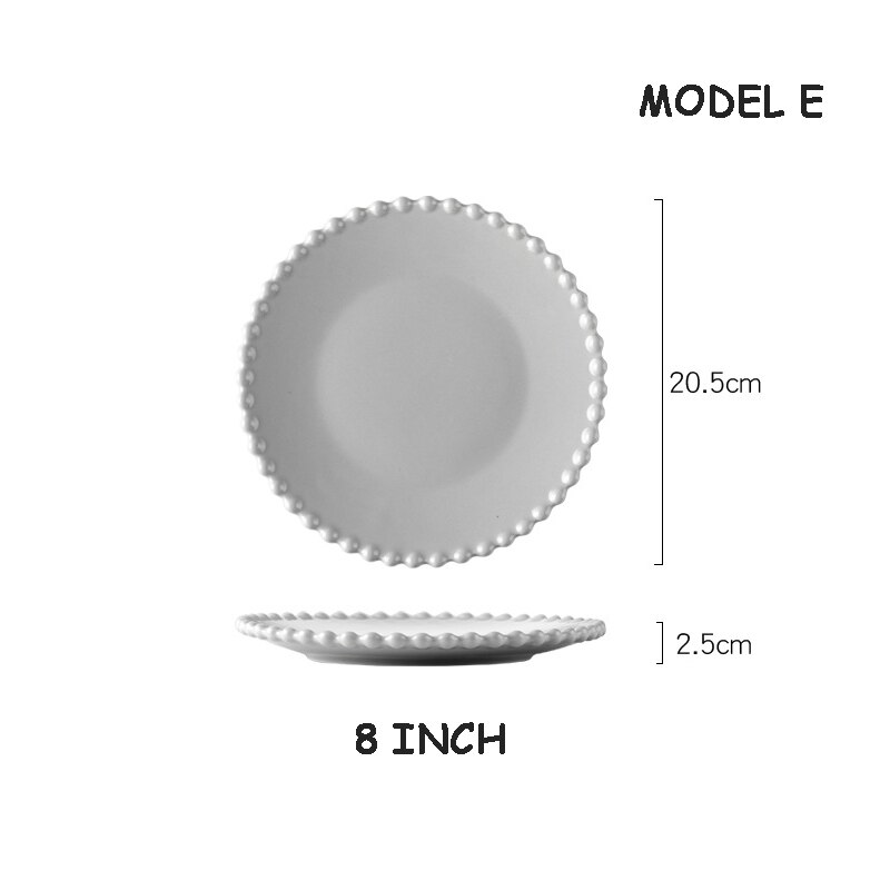 Nordic Pearl-Rim Plate Ceramics Dinnerware Set Steak Flat Tray Dessert Plate Salad Bowl Beaded Tableware Round Shape: E