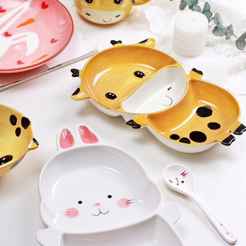 Children's Plate Set Of Rabbite Giraffe Baby Plate Dishes Ceramic Dineerware Set For Kids Bowl Plate Children's Cutlery