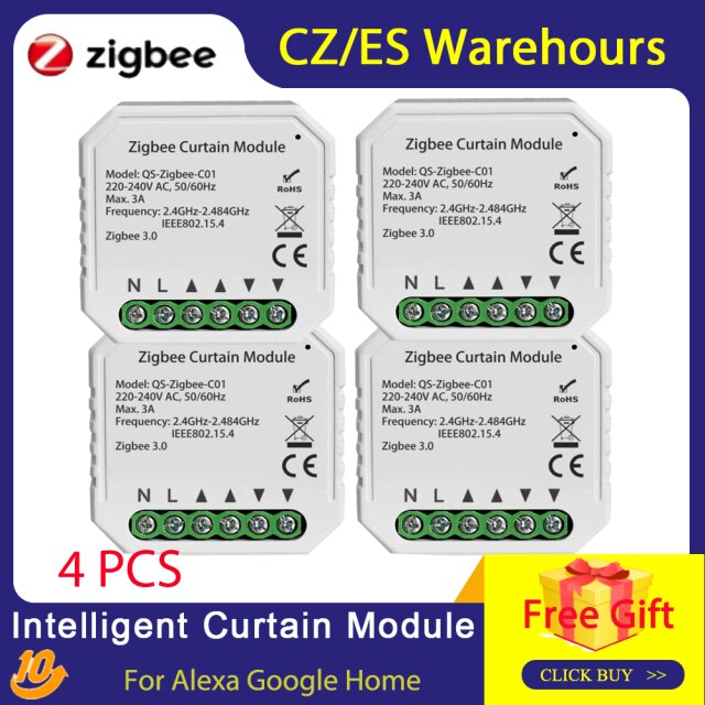 Tuya ZigBee Smart Home Curtain Motor Intelligent Curtain Module For Roller Shutter Blind Motor Compatible for Alexa Google Home: 4 pcs