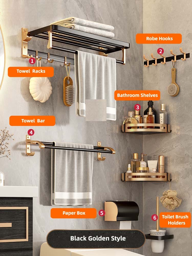 Zwart Gouden Badkamer Hardware Handdoekhouder Bar Rack Handdoek Houder Rij Haak Tissue Rack Wc Borstel Papier Houders
