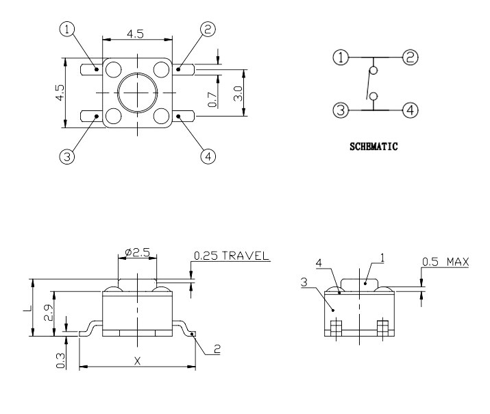 SMD 4.5*4.5*6 MM micro switch, touch switch, key switch, four-pin patch reset