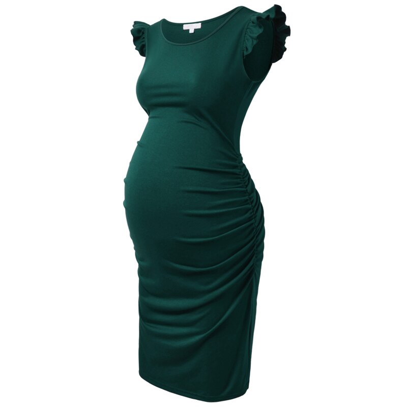 Zwangerschap Moederschap Jurken Flying Mouwen Ruches Side Zomer Zwangere Vrouwen Jurk Voor Baby Shower Party: green / S