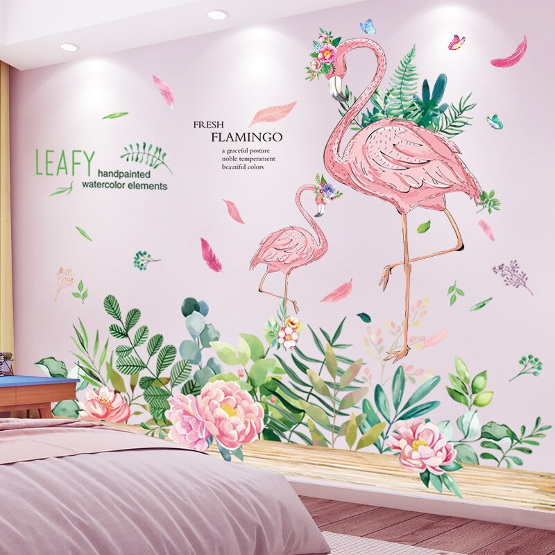 [shijuekongjian] Romantic Flamingo Wall Stickers DIY Cartoon Animals Wall Decals for House Kids Rooms Baby Bedroom Decoration: flamingo and flower3